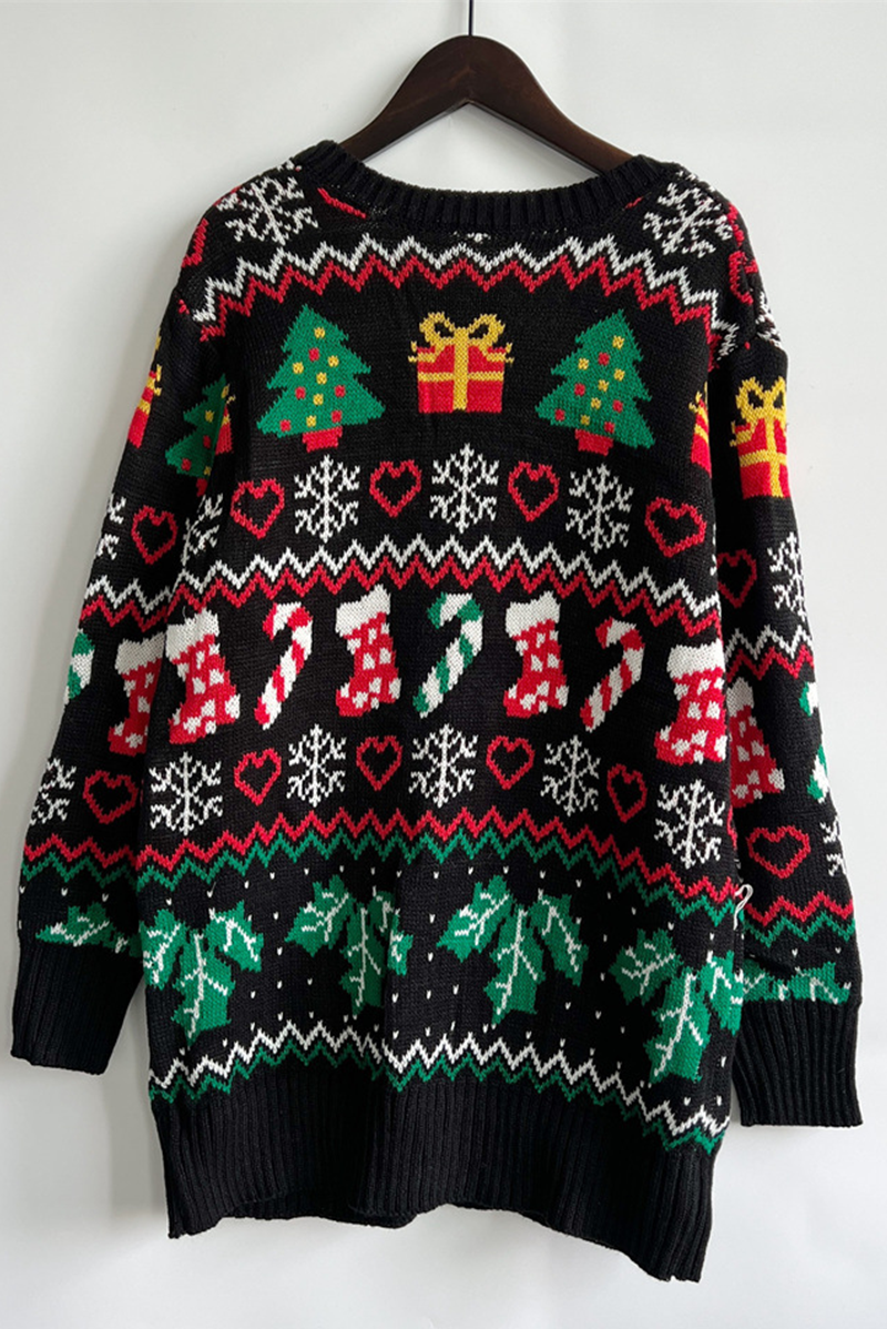Prenda exterior informal con cuello en V, botones y copos de nieve en el árbol de Navidad