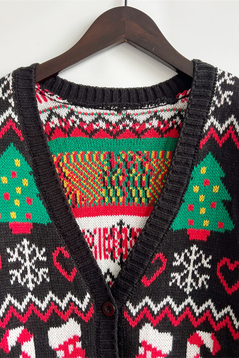 Prenda exterior informal con cuello en V, botones y copos de nieve en el árbol de Navidad