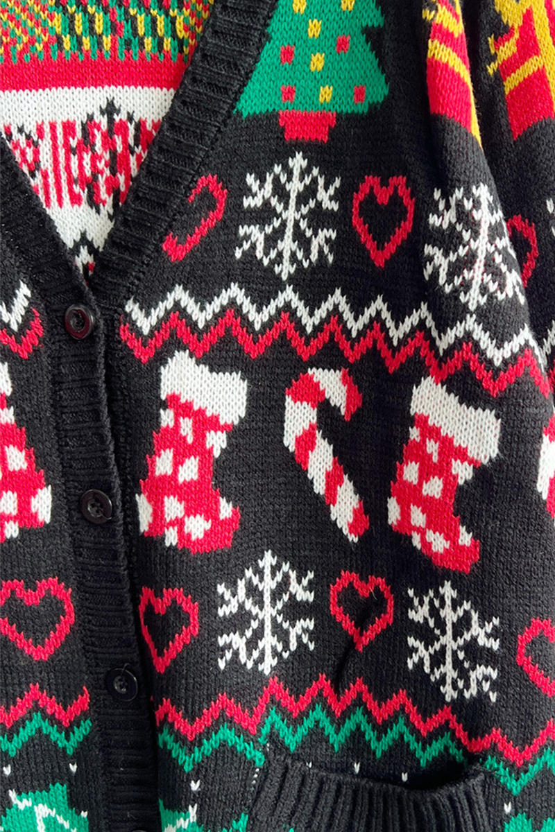 Prenda exterior informal con cuello en V, botones y copos de nieve en el árbol de Navidad