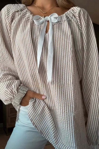 Blusa informal de rayas con cordones y cuello en V en contraste (4 colores)