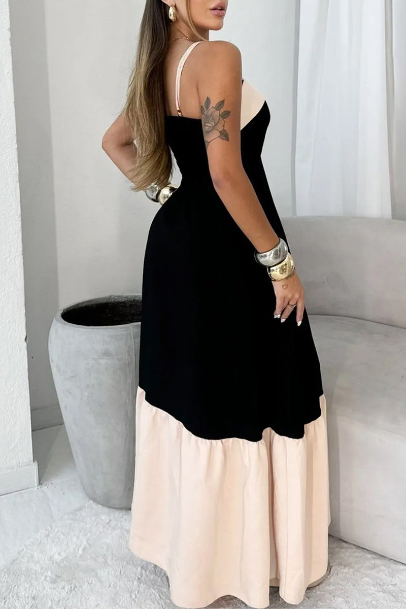 Vestidos sexis de patchwork con espalda descubierta y escote cuadrado en contraste