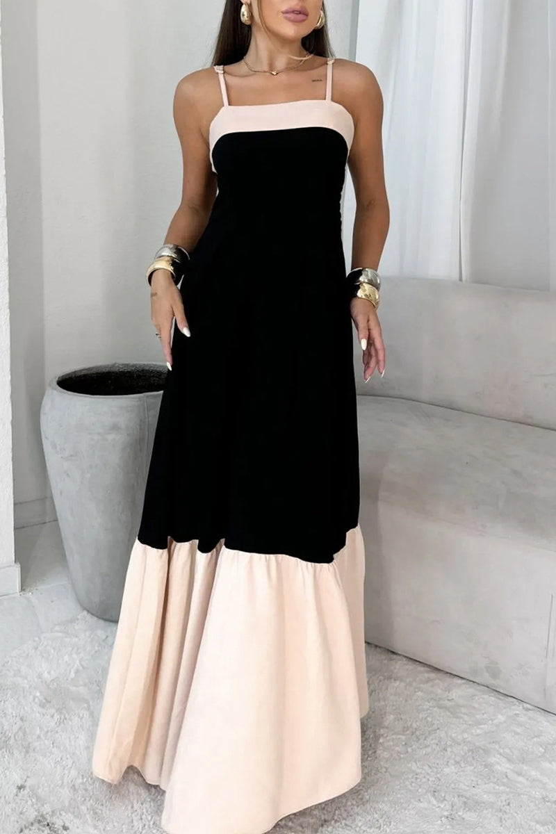 Vestidos sexis de patchwork con espalda descubierta y escote cuadrado en contraste