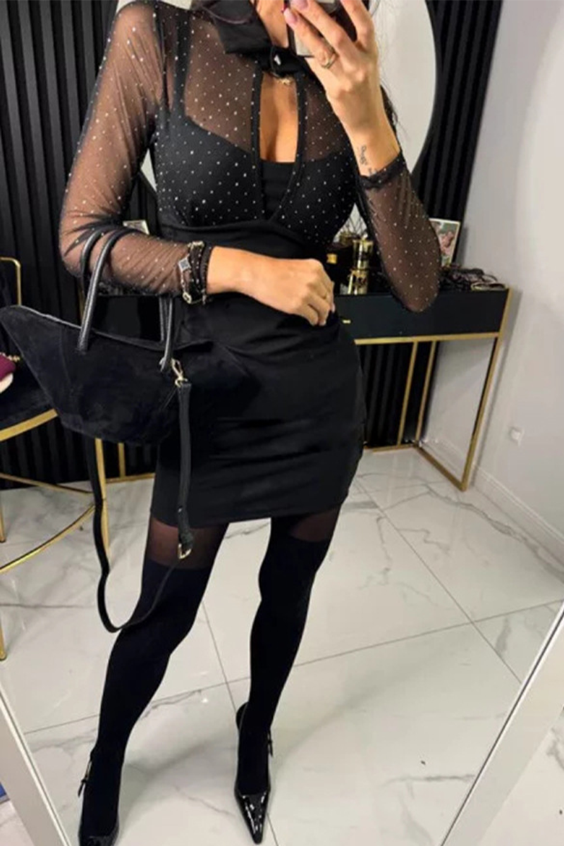 Sexy Buttons Mesh Hot Drill Turndown Collar Wrapped Skirt Dresses