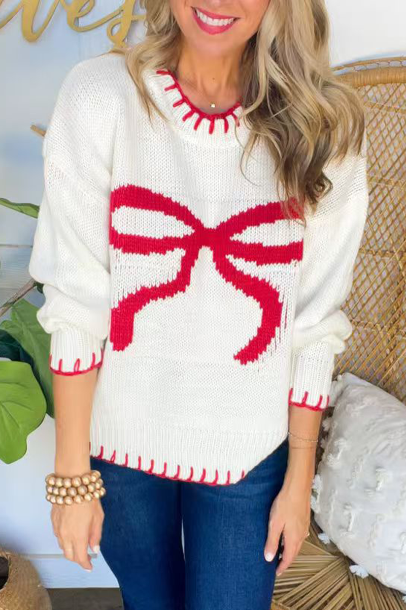 Casual Bow Weave Contrast O Neck Sweaters