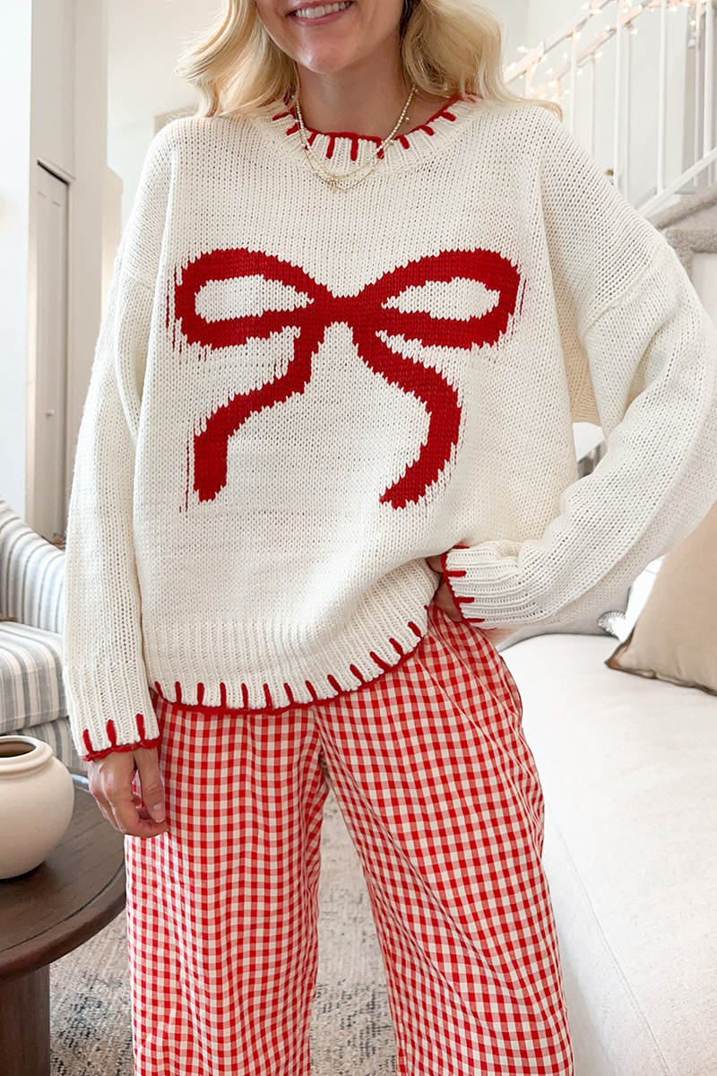 Suéteres casuales de cuello redondo con contraste y tejido de lazo