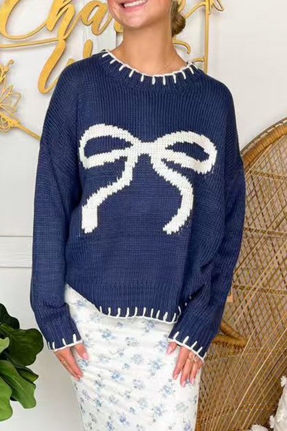 Suéteres casuales de cuello redondo con contraste y tejido de lazo