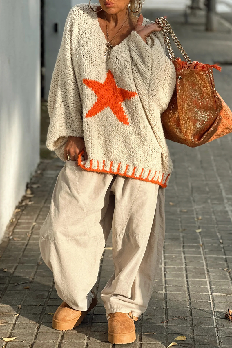 Casual Street The stars Weave Contrast V Neck Sweaters