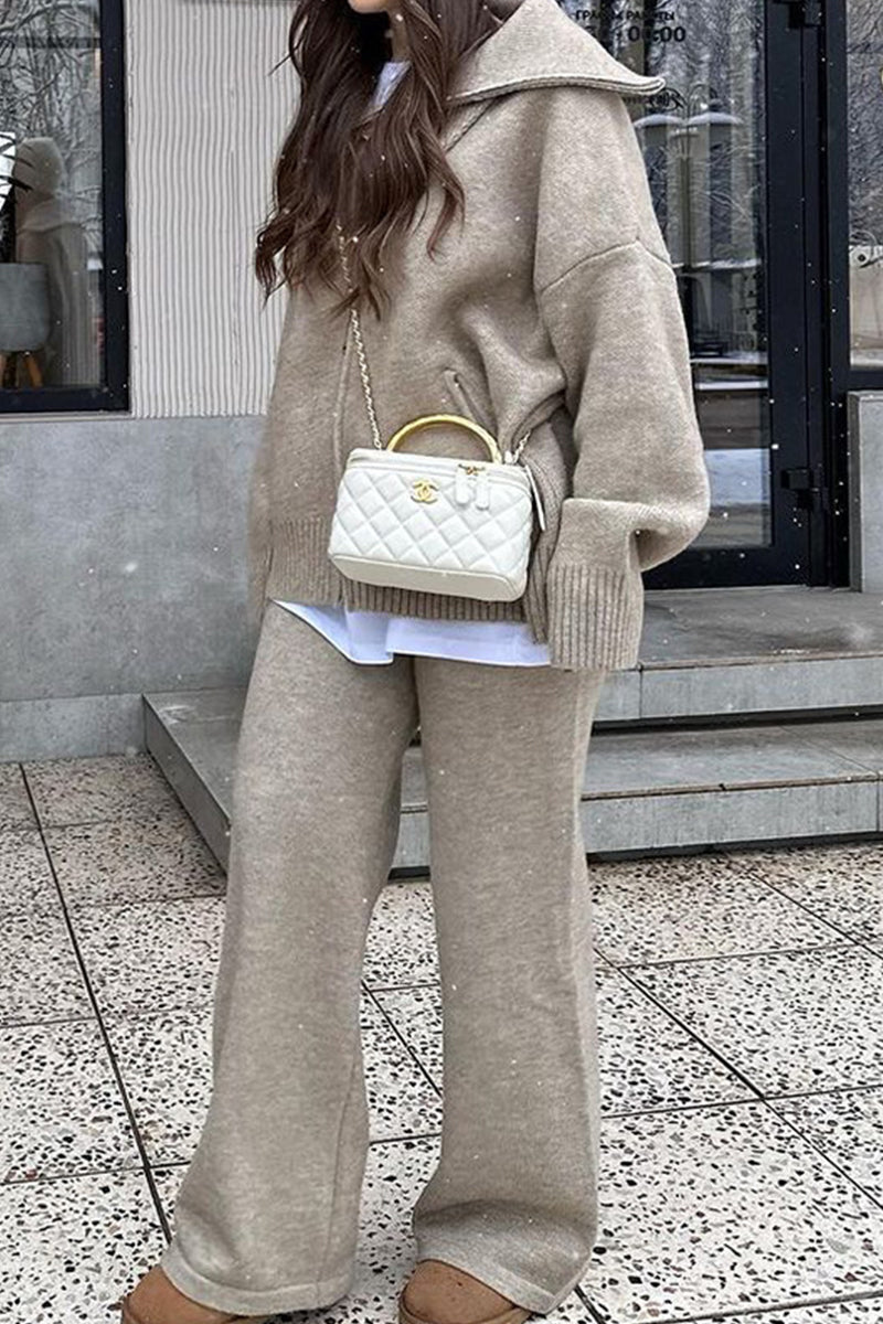 Conjunto informal de dos piezas con cuello vuelto, cremallera y retazos, manga larga (7 colores)