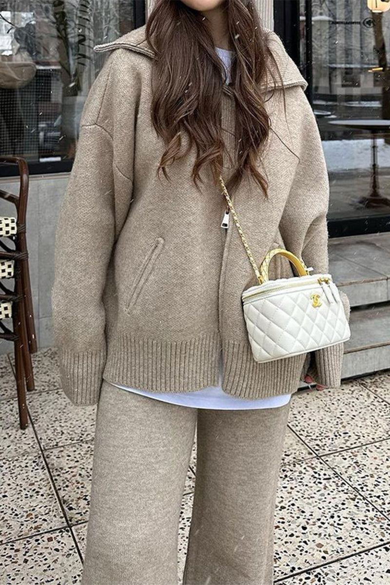Conjunto informal de dos piezas con cuello vuelto, cremallera y retazos, manga larga (7 colores)