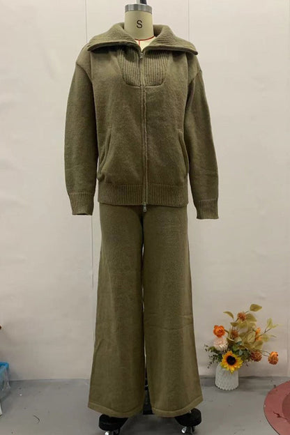 Conjunto informal de dos piezas con cuello vuelto, cremallera y retazos, manga larga (7 colores)
