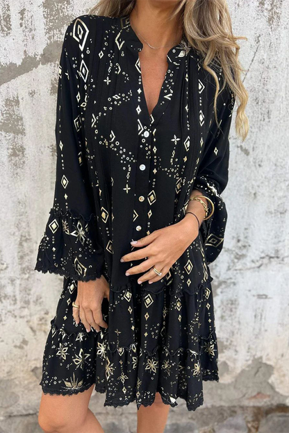 Vestidos casuales de corte A con cuello abotonado, volantes y patchwork con estampado bronceado