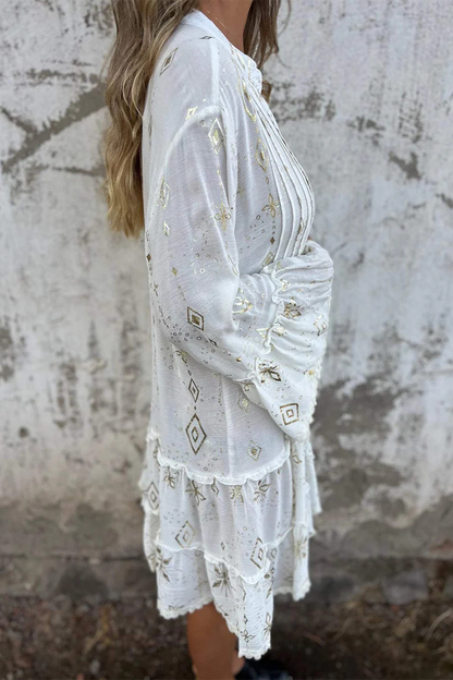 Vestidos casuales de corte A con cuello abotonado, volantes y patchwork con estampado bronceado