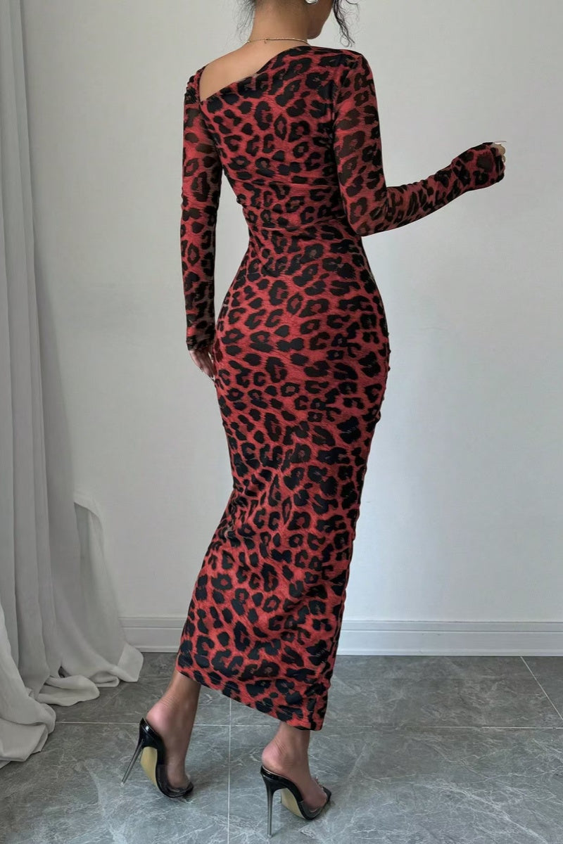 Sexy Casual Leopard Print Draw String Lace Up Slit Oblique Collar Long Sleeve Dresses(3 Colors)