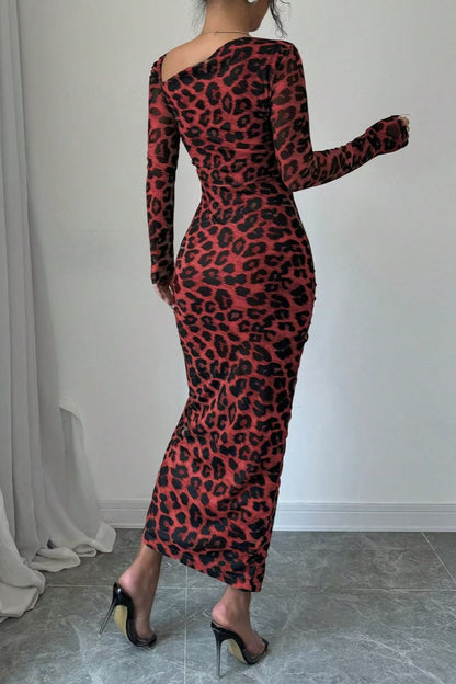 Sexy Casual Leopard Print Draw String Lace Up Slit Oblique Collar Long Sleeve Dresses(3 Colors)