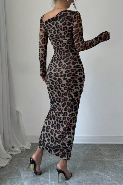 Sexy Casual Leopard Print Draw String Lace Up Slit Oblique Collar Long Sleeve Dresses(3 Colors)