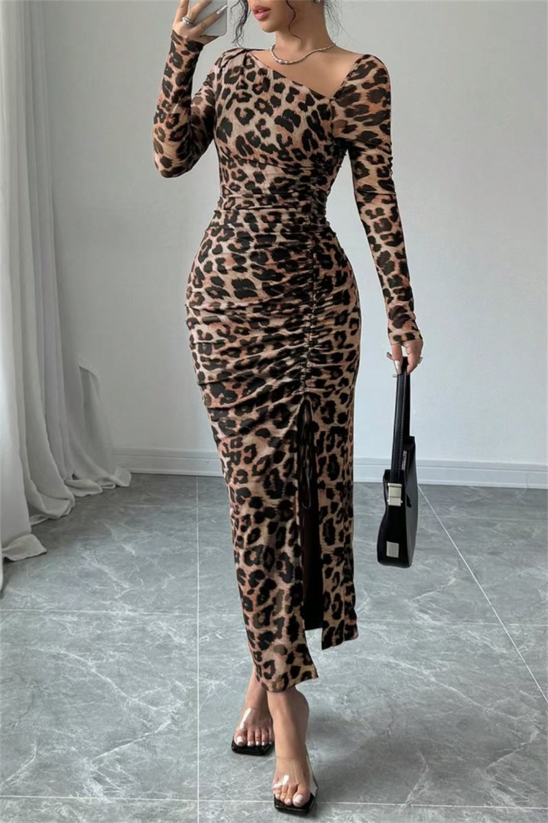 Sexy Casual Leopard Print Draw String Lace Up Slit Oblique Collar Long Sleeve Dresses(3 Colors)