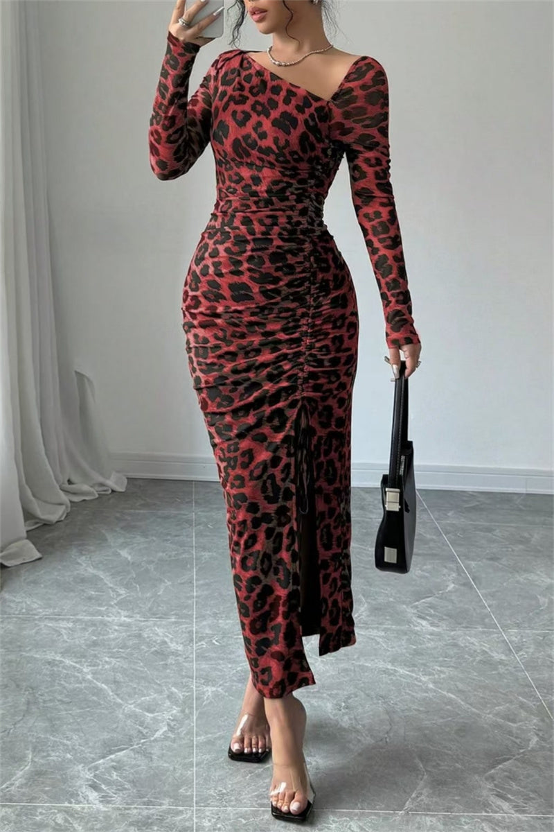 Sexy Casual Leopard Print Draw String Lace Up Slit Oblique Collar Long Sleeve Dresses(3 Colors)