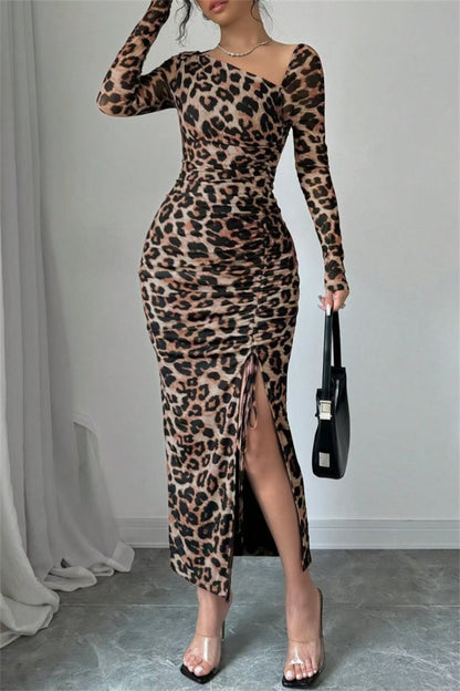 Sexy Casual Leopard Print Draw String Lace Up Slit Oblique Collar Long Sleeve Dresses(3 Colors)