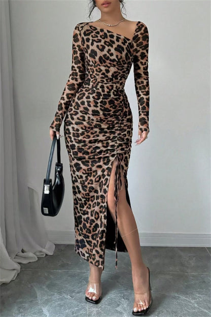 Sexy Casual Leopard Print Draw String Lace Up Slit Oblique Collar Long Sleeve Dresses(3 Colors)