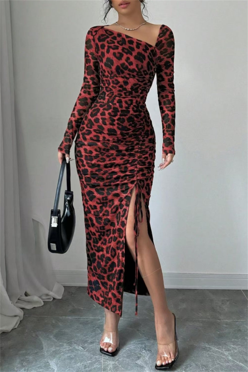 Sexy Casual Leopard Print Draw String Lace Up Slit Oblique Collar Long Sleeve Dresses(3 Colors)
