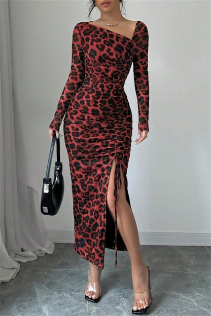 Sexy Casual Leopard Print Draw String Lace Up Slit Oblique Collar Long Sleeve Dresses(3 Colors)