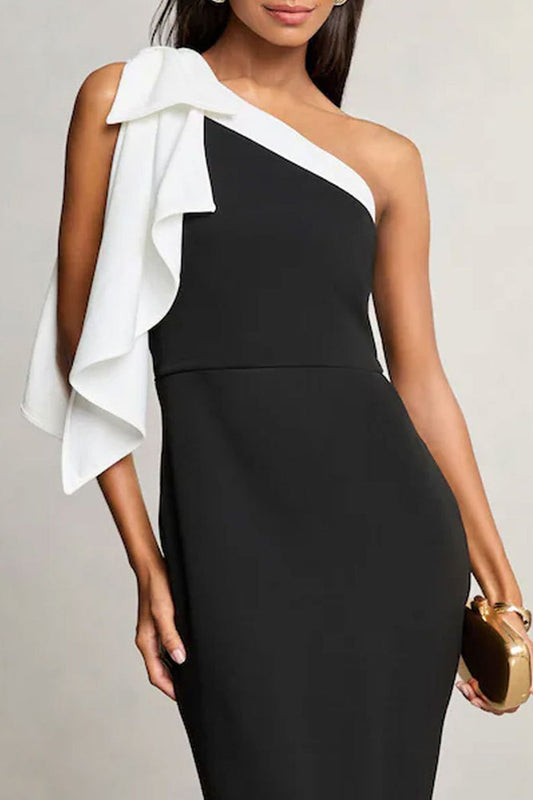 Elegant Patchwork Contrast Oblique Collar Long Dresses