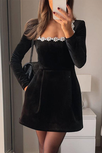 Elegant Pocket Rhinestone Decor Square Neck A Line Dresses(3 Colors)