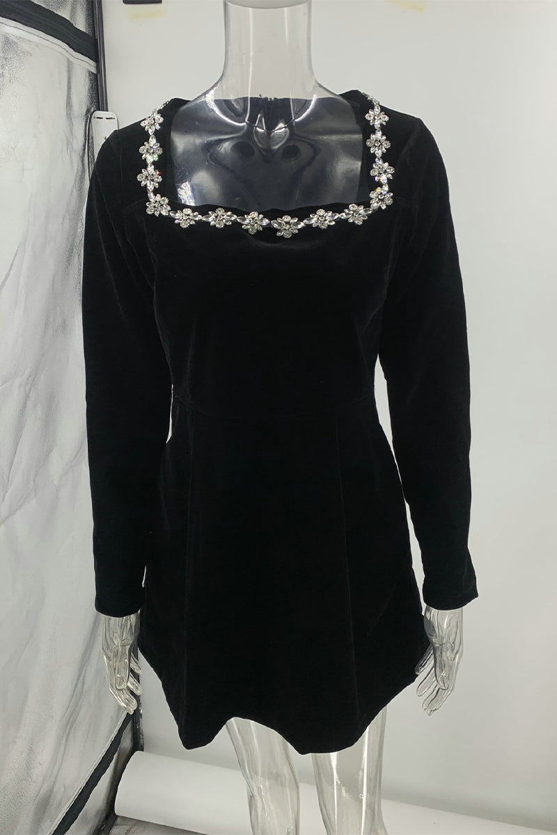 Elegant Pocket Rhinestone Decor Square Neck A Line Dresses(3 Colors)