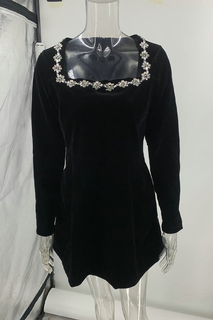 Elegant Pocket Rhinestone Decor Square Neck A Line Dresses(3 Colors)