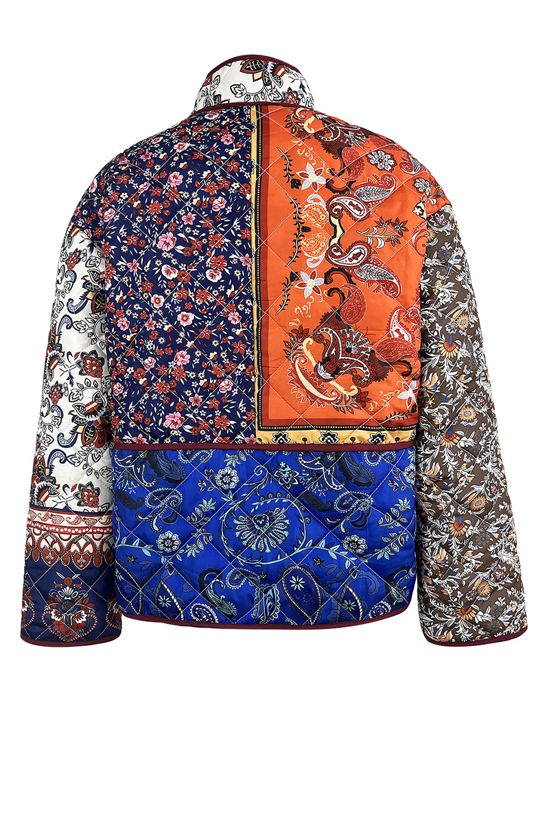 Prendas de abrigo informales con cuello mandarín, patchwork, bolsillos y flores