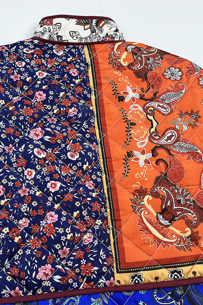 Prendas de abrigo informales con cuello mandarín, patchwork, bolsillos y flores