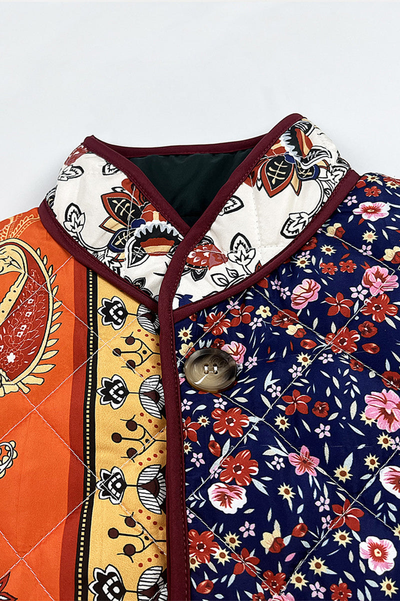 Prendas de abrigo informales con cuello mandarín, patchwork, bolsillos y flores