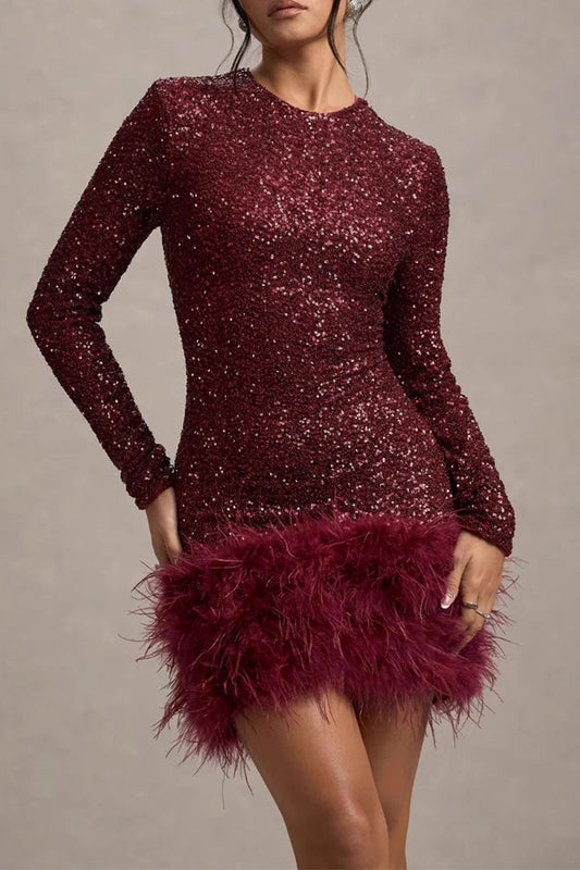 Vestidos de noche sexys de fiesta con lentejuelas y dobladillo de plumas, cuello redondo (4 colores)