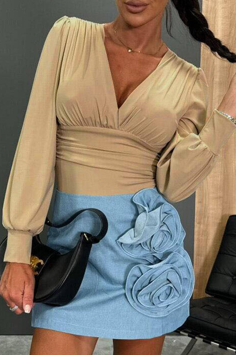 Blusas casuales de color liso con cuello en V fruncido (3 colores)