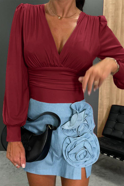 Casual Ruched V Neck Blouses(3 Colors)