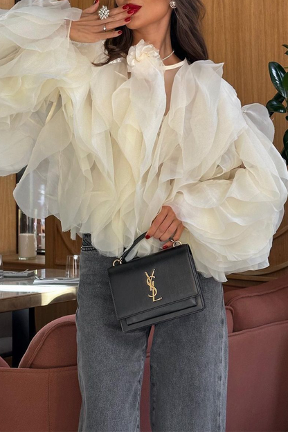 Blusas elegantes con cuello redondo, forma de flor y orillo irregular