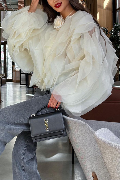 Blusas elegantes con cuello redondo, forma de flor y orillo irregular