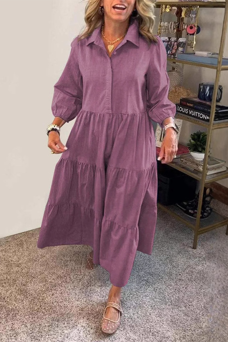 Casual Solid Color Buttons Ruffle Turndown Collar A Line Dresses