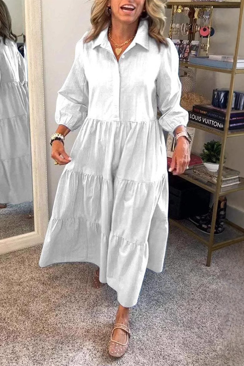 Casual Solid Color Buttons Ruffle Turndown Collar A Line Dresses