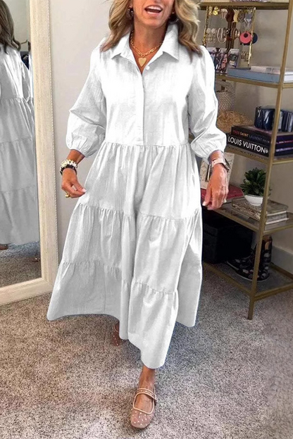 Casual Solid Color Buttons Ruffle Turndown Collar A Line Dresses