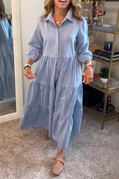 Casual Solid Color Buttons Ruffle Turndown Collar A Line Dresses
