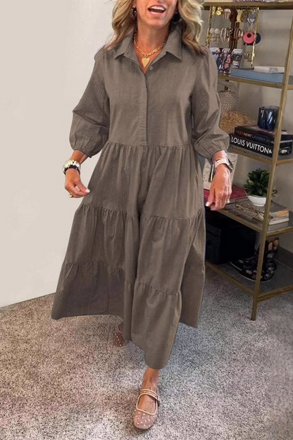 Casual Solid Color Buttons Ruffle Turndown Collar A Line Dresses