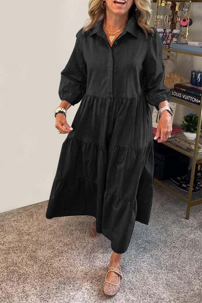 Casual Solid Color Buttons Ruffle Turndown Collar A Line Dresses