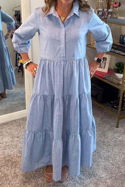 Casual Solid Color Buttons Ruffle Turndown Collar A Line Dresses