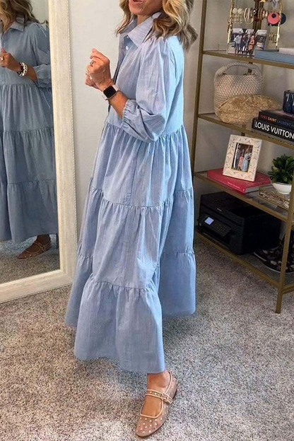 Casual Solid Color Buttons Ruffle Turndown Collar A Line Dresses