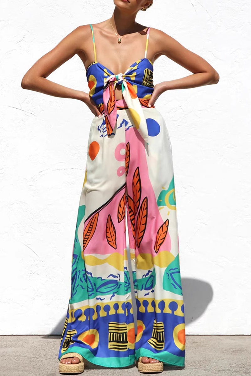Mono holgado con cuello en V y estampado geométrico sexy para vacaciones con lazo decorativo en contraste