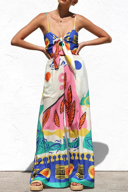 Mono holgado con cuello en V y estampado geométrico sexy para vacaciones con lazo decorativo en contraste