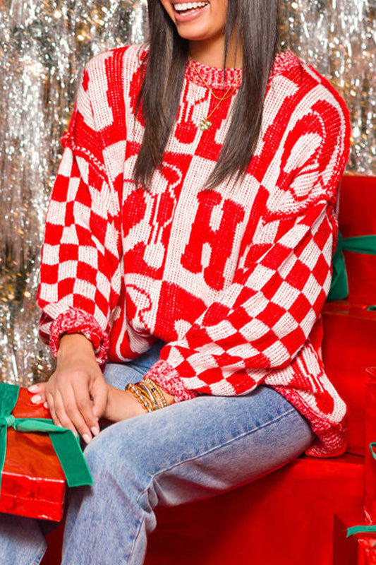 Suéteres casuales de fiesta con cuello redondo, estampado de letras a cuadros y contraste