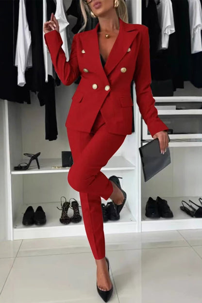 Conjunto informal de dos piezas con bolsillos, botones, cuello vuelto y manga larga (8 colores)