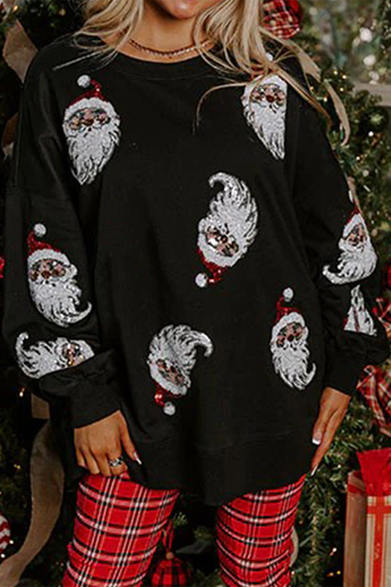 Sudadera informal de cuello redondo con lentejuelas de Papá Noel para fiestas